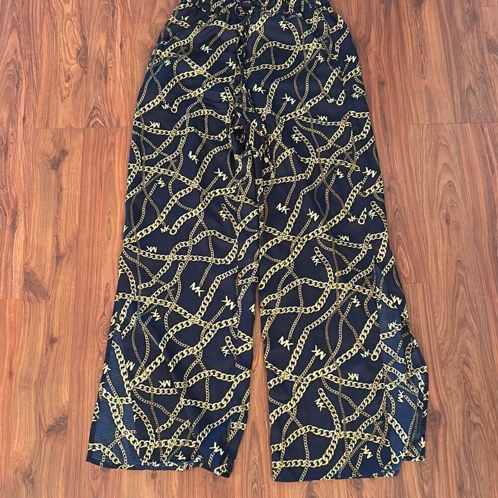 michael Michael Kors navy and gold chain print silky pants with slit size S